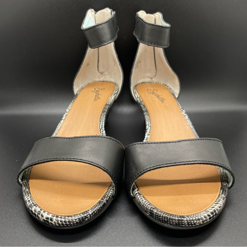 Seychelles, Wedge Sandal, Zippered Back, Reptile Trim, Black, 8